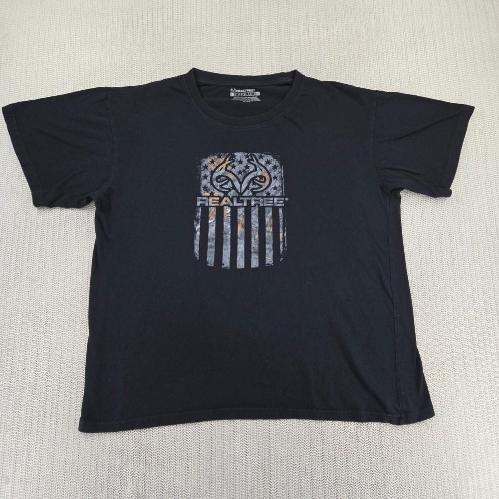 Realtree Shirt Mens XL Black USA Flag Dog Tag‎ Graphic Outdoor T-Shirt Tee